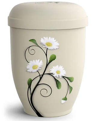 Beige urne med margerittblomst foran